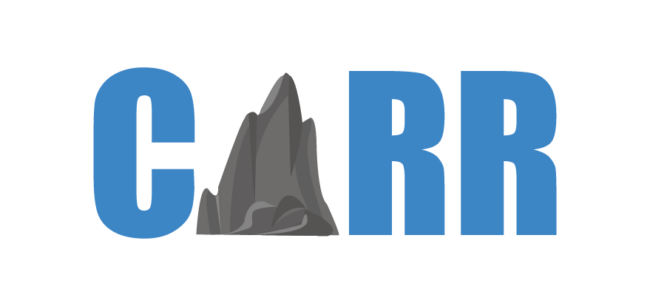 The image features the word "CARR" in blue with a mountain design replacing the letter "A" against a black background.