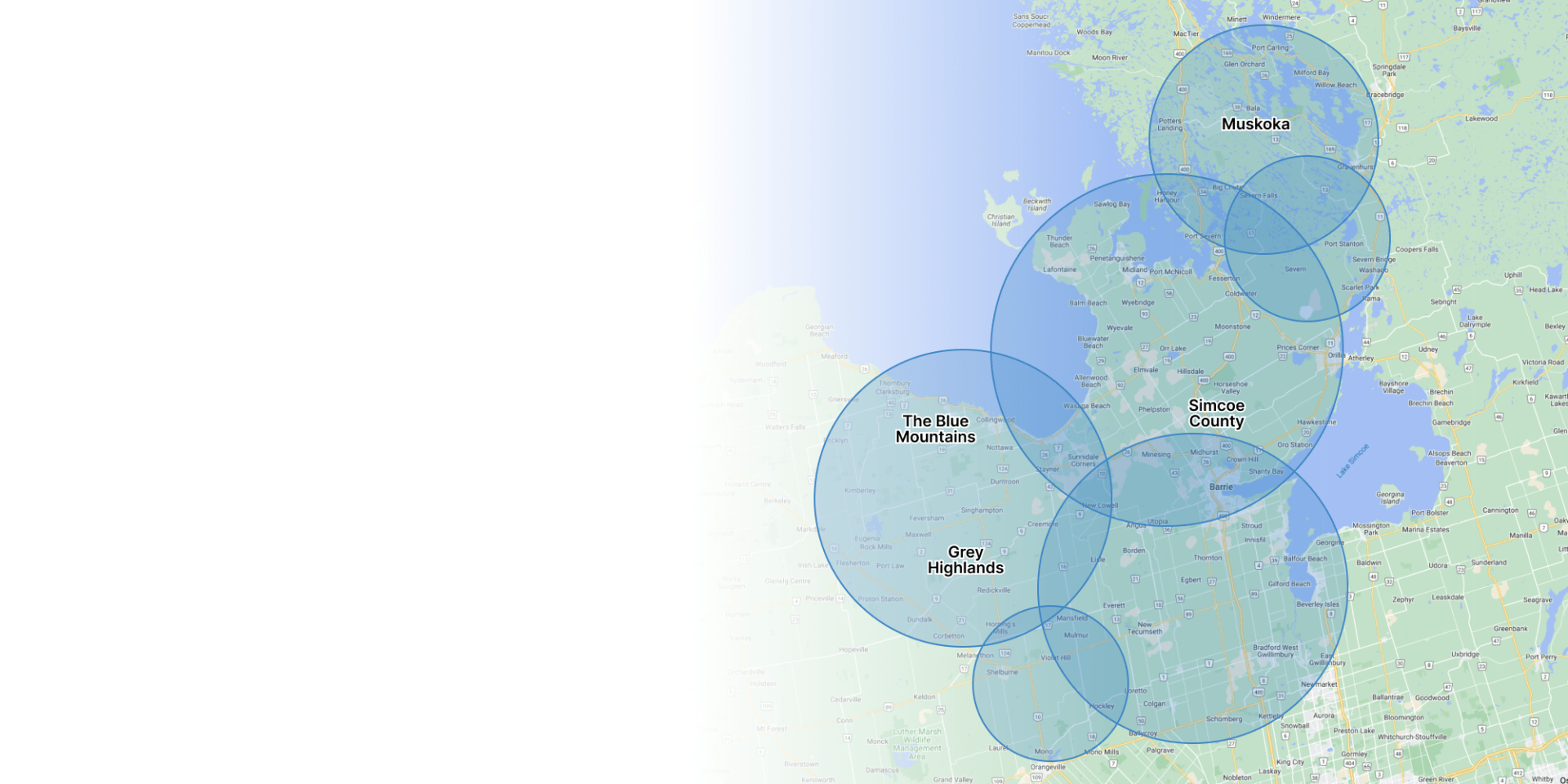 Map highlighting regions in Ontario, Canada, such as Simcoe County and The Blue Mountains, with overlapping blue circles indicating specific areas.