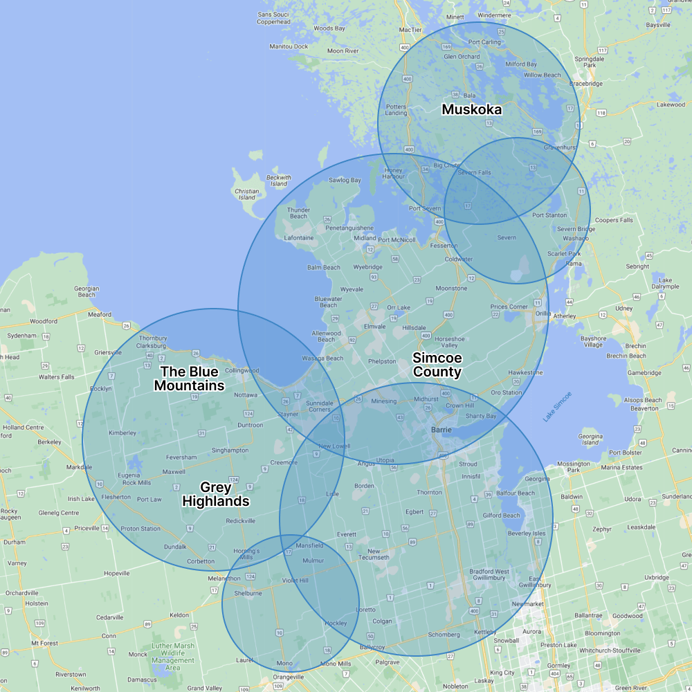 Map highlighting regions with labeled circles showing The Blue Mountains, Grey Highlands, Simcoe County, and Muskoka in Ontario, including geographic features and towns.