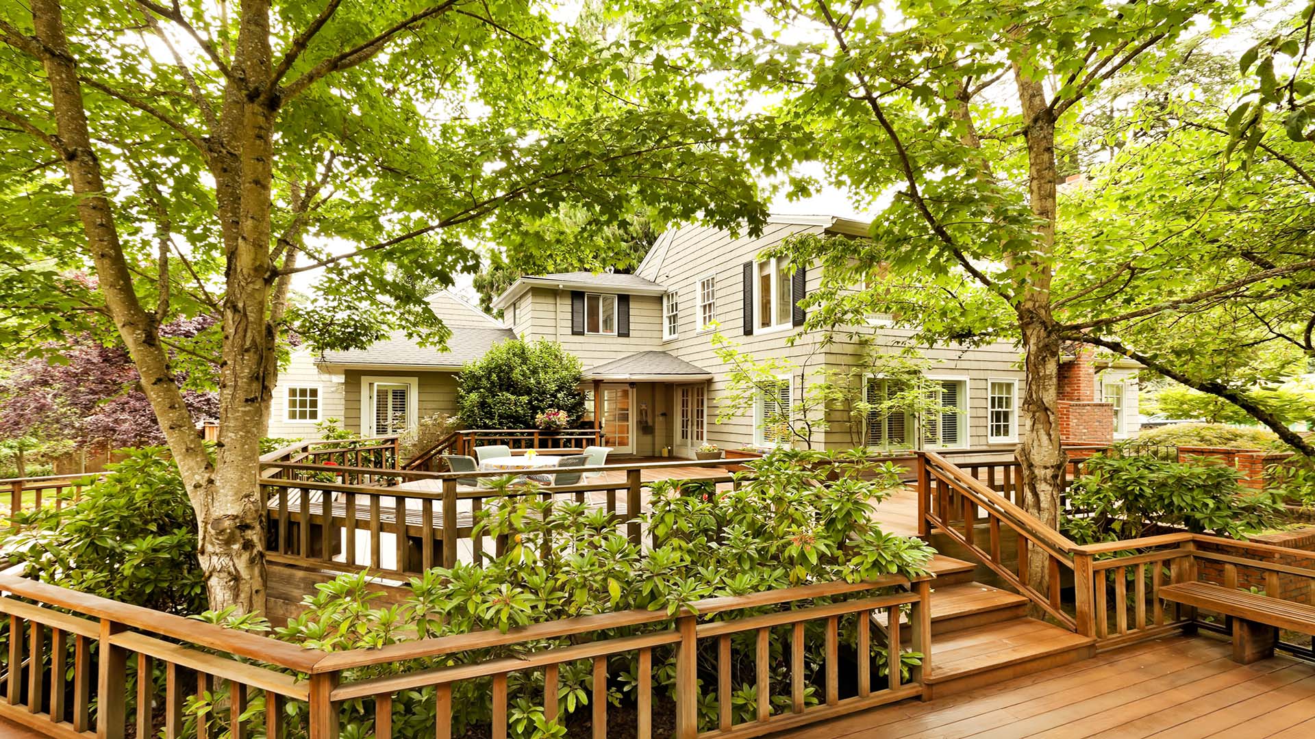 A charming house with wooden deck, surrounded by lush green trees and plants, creating a serene, nature-filled atmosphere in the backyard.