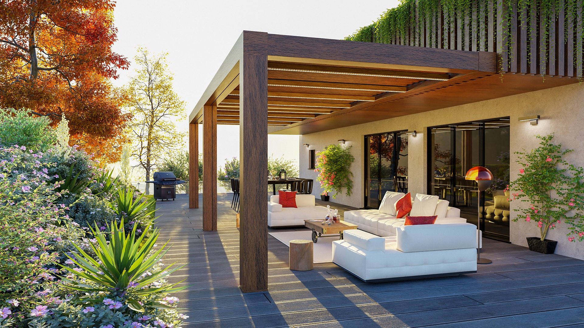 Modern patio with wooden pergola, white couches, and vibrant plants. Sunlit outdoor area features decorative cushions and a serene garden atmosphere. No people present.